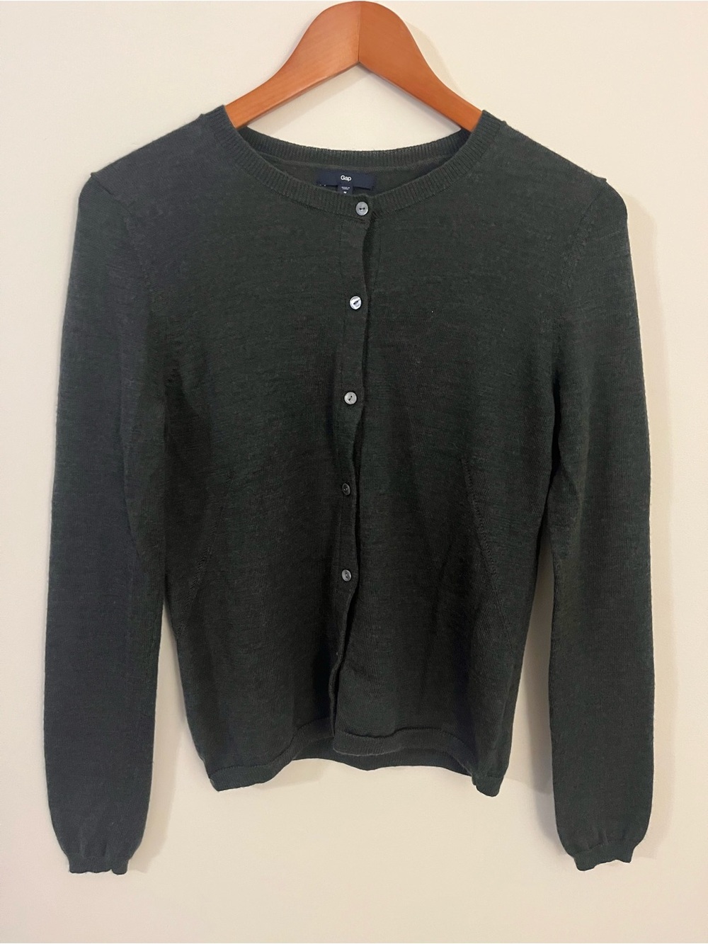 GAP Women's Dark Green Wool Blend Button-Front Crewneck Cardigan
